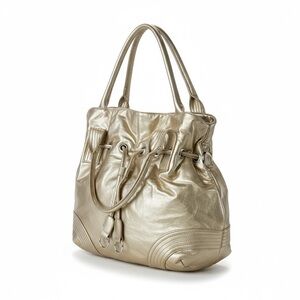 ✨ Metallic Gold Faux Leather Tote Bag with Drawstring Detail